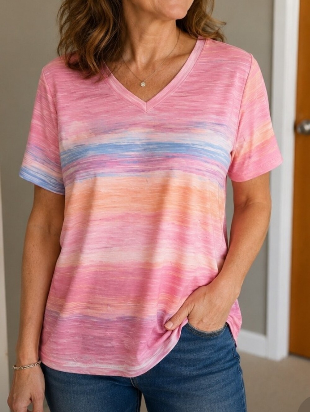 5/$25 Women’s Pink Striped V-Neck Tee